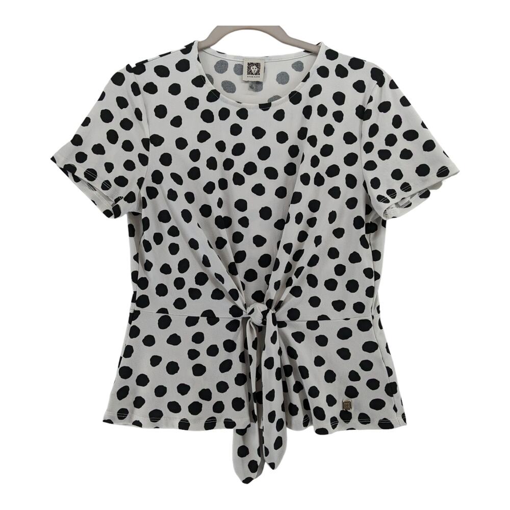 Anne Klein Polka Dot Print Blouse Medium Black White Front Tie Top Short Sleeve‎